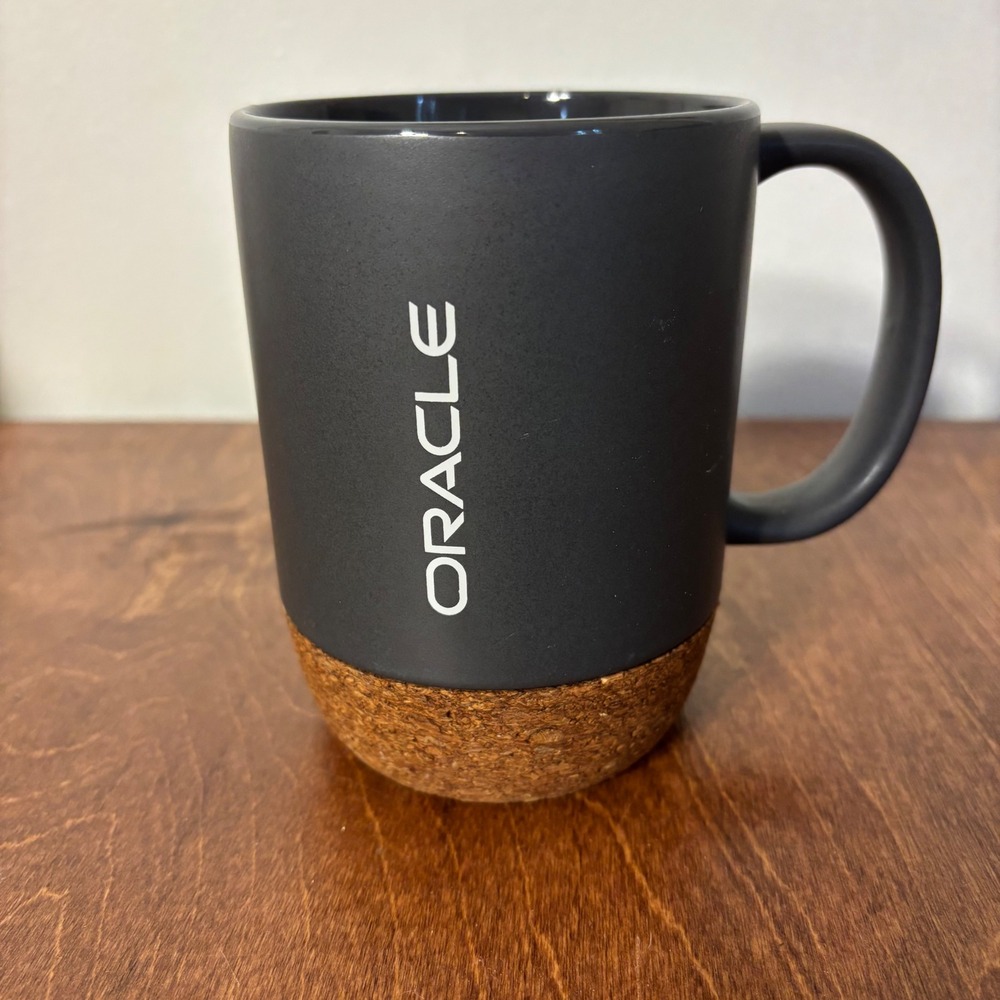 Oracle Coffee Mug Dark Gray Black Cork Bottom Spellout Excellent